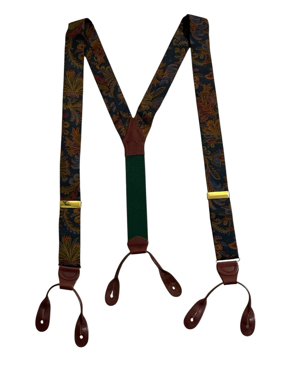 Polo Ralph Lauren Silk Paisley Suspenders Braces Leather Button Ends USA Vintage